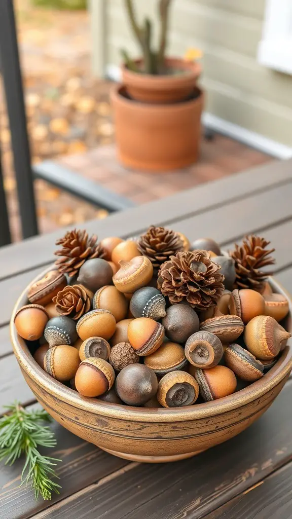 29+ Creative Fall Outdoor Decor Ideas to Transform Your Space 15 A bowl filled with acorns and pinecones, showcasing warm autumn colors.