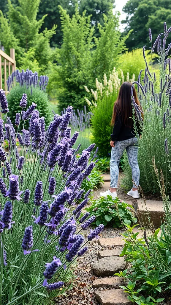 A wellness garden featuring lavender plants with a person walking along a stone path.