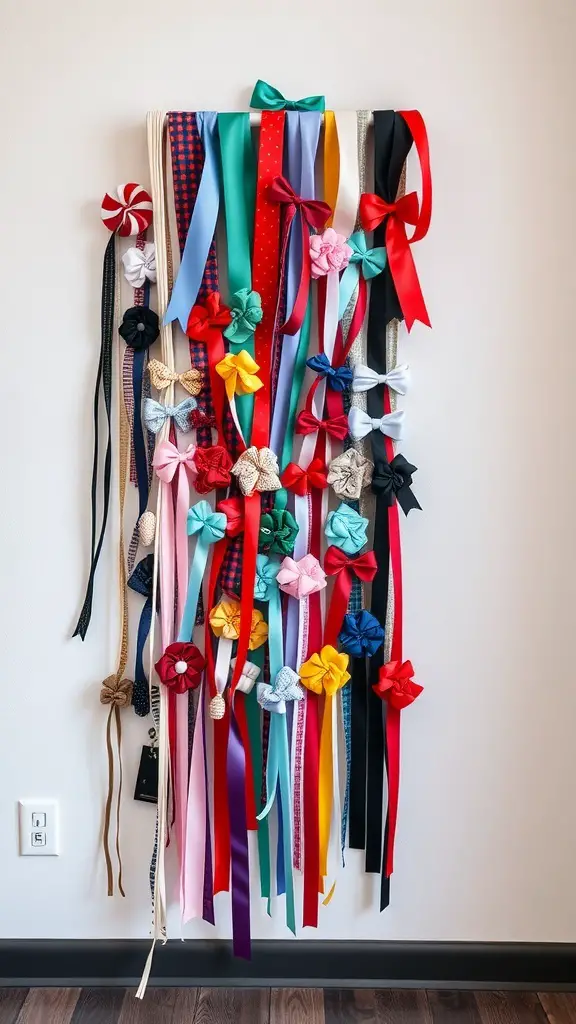 Colorful ribbons arranged vertically on a wall