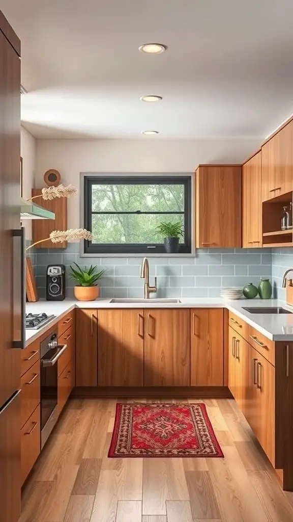 31+ Inspiring Mid Century Decor Ideas for a Stylish Home 11 A mid-century kitchen featuring wooden cabinets, a modern sink, and a colorful rug.