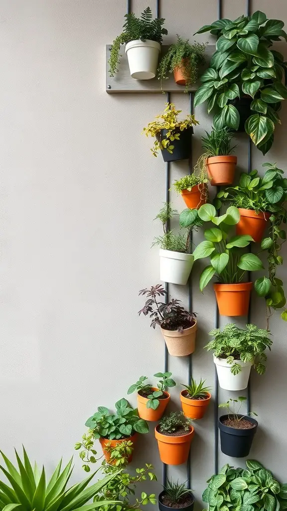 29+ Inspiring Small Urban Garden Design Ideas You’ll Love 2 Vertical garden with various plants in colorful pots arranged on a wall.