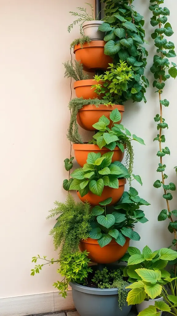 A vertical garden made of stacked terracotta pots filled with various green plants.