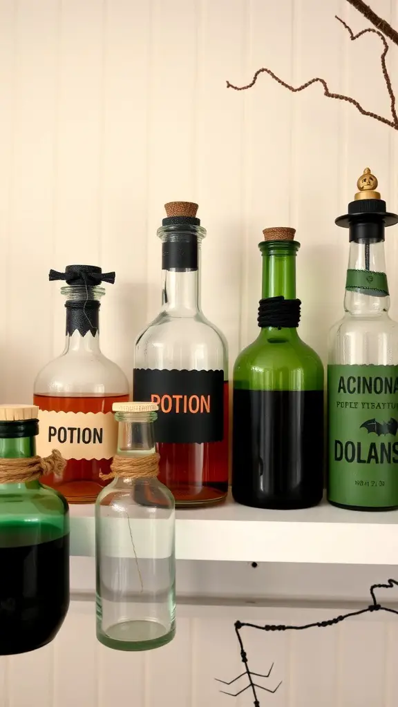 A collection of DIY potion bottles with colorful liquids and labels on a shelf.
