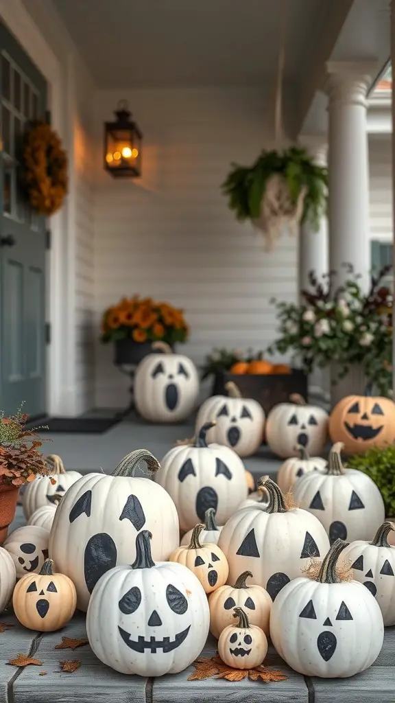 A porch decorated with various white pumpkins, each with unique faces, surrounded by autumn flowers and a lantern.