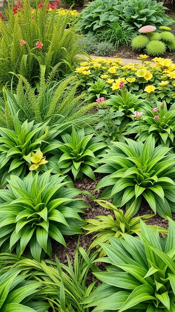 A vibrant garden featuring various ground cover plants with lush green foliage and colorful flowers.