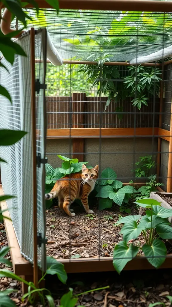 31+ Creative Outdoor Cat House Ideas for Your Feline Friend 21 A cat inside a safe outdoor enclosure surrounded by plants.