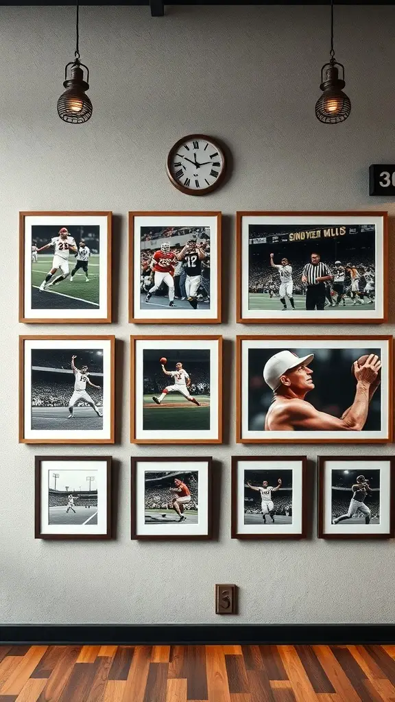 19+ Inspiring Sports Room Decor Ideas to Elevate Your Space 5 Gallery wall featuring framed iconic sports moments in a sports room