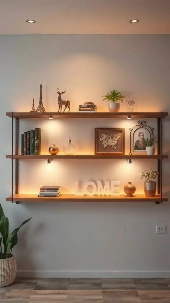 A stylish shelf with warm lighting, showcasing books, plants, and decorative items.
