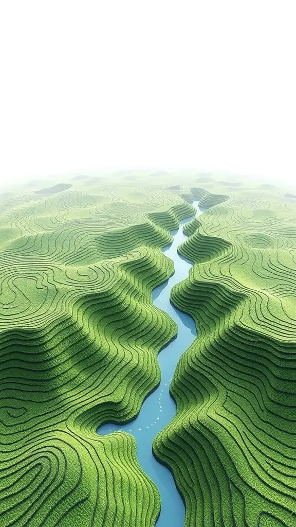 Aerial view of a green landscape with rolling hills and a winding river.