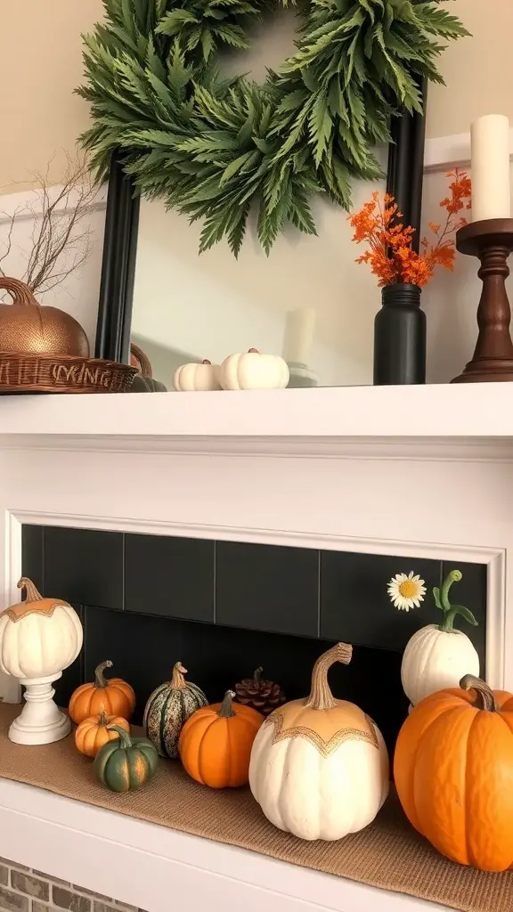 A decorative mantel featuring various pumpkins, a green wreath, and autumn accents.