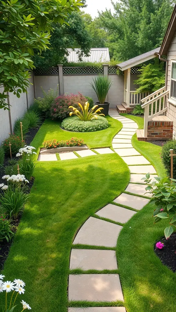 Curved stone pathway in a backyard garden with lush green grass and colorful flowers.
