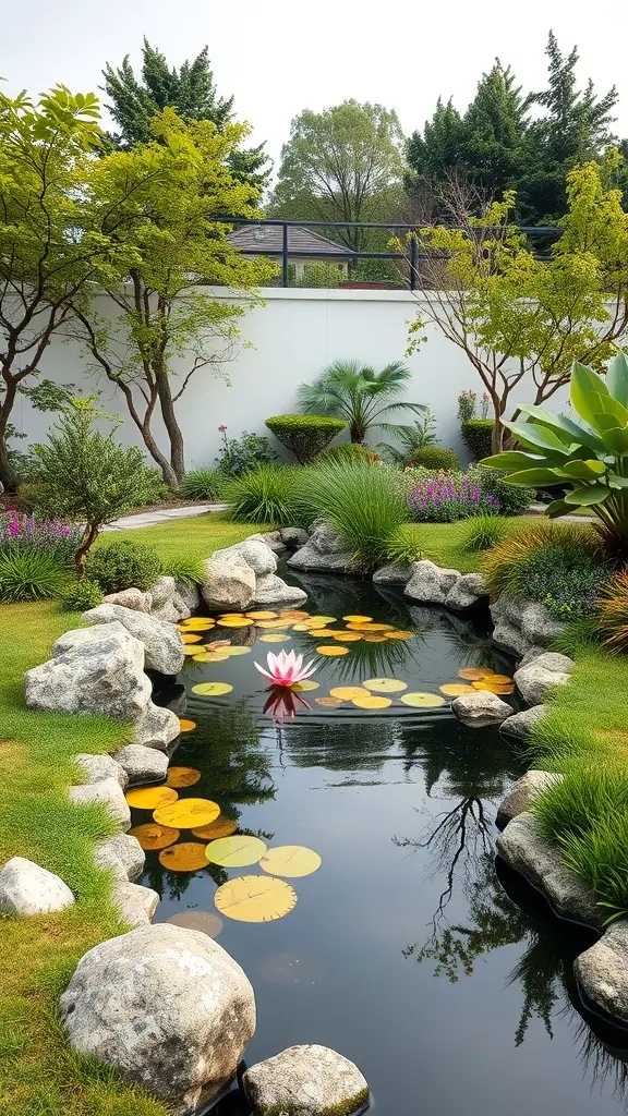 A serene garden pond surrounded by lush greenery and colorful flowers.