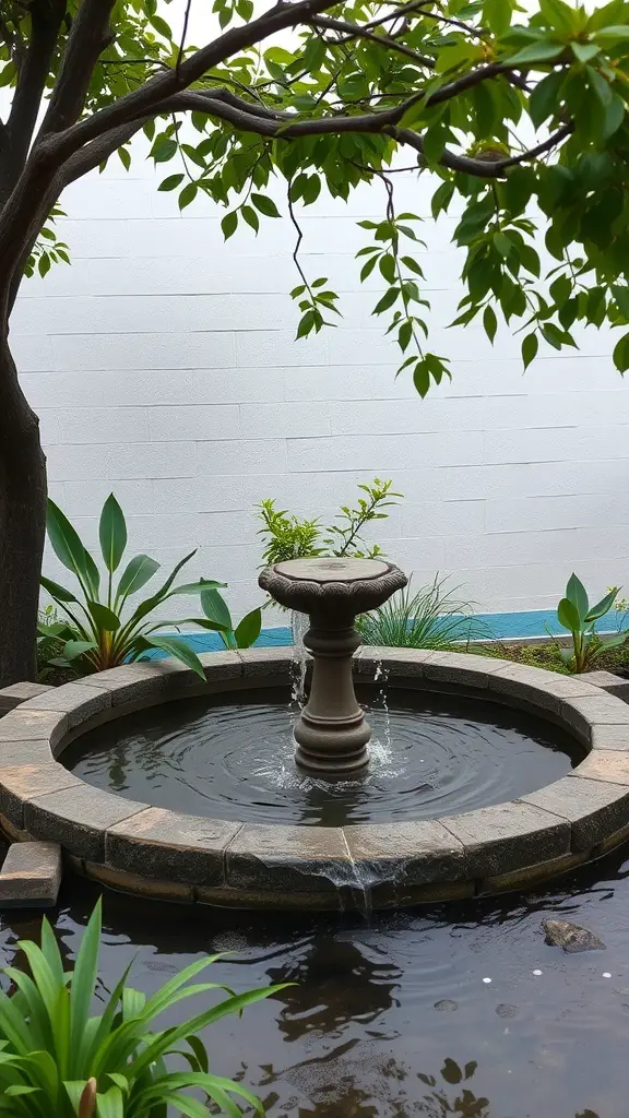 A serene garden with a fountain surrounded by greenery
