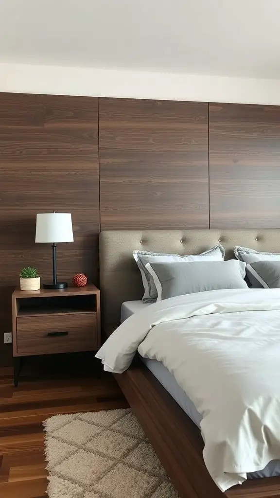 29+ Gorgeous Dark Wood Bedroom Ideas to Inspire Your Space 2 A contemporary dark oak nightstand with a lamp, plant, and decorative item in a modern bedroom setting.