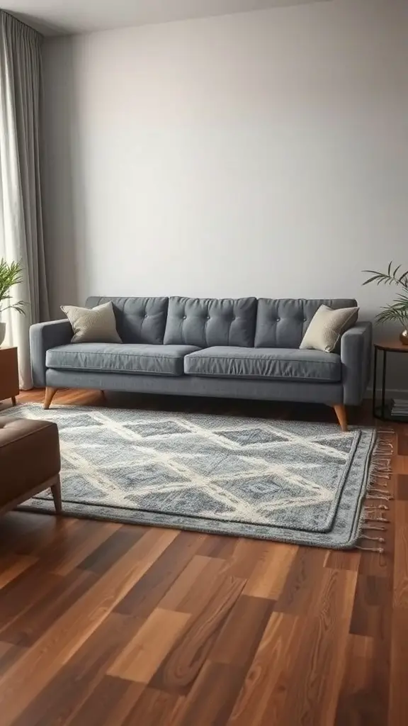 A grey couch with layered rugs in a living room setting