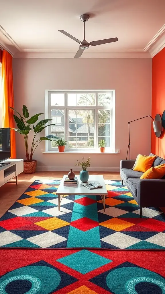 A living room featuring a bold geometric patterned rug with vibrant colors, a modern sofa, and large windows.