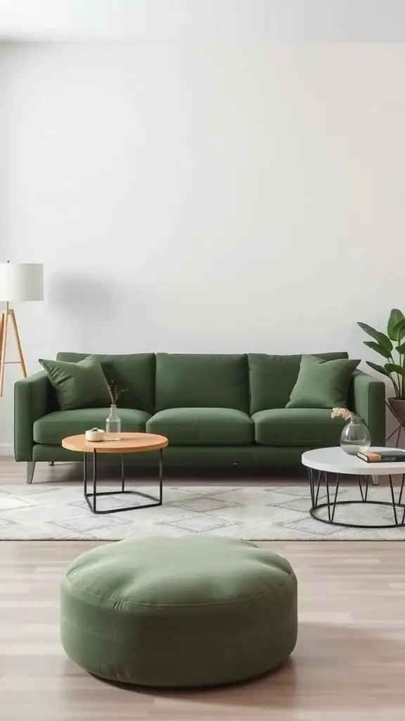 27+ Stunning Green Couch Living Room Ideas You’ll Love 2 A modern minimalist living room featuring a green couch, round coffee tables, and plants.