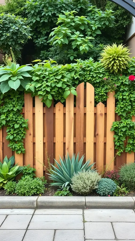 Wooden fencing adorned with lush greenery and various plants in a front garden