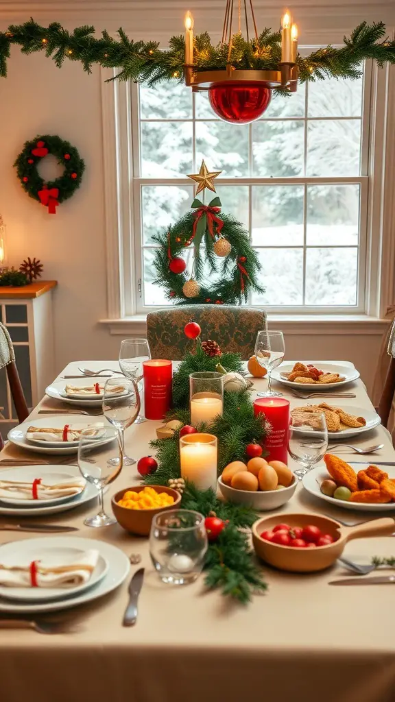 29+ Christmas Table Settings to Inspire Your Holiday Feast 11 A beautifully set Christmas dining table with festive decorations and food, surrounded by a snowy landscape.