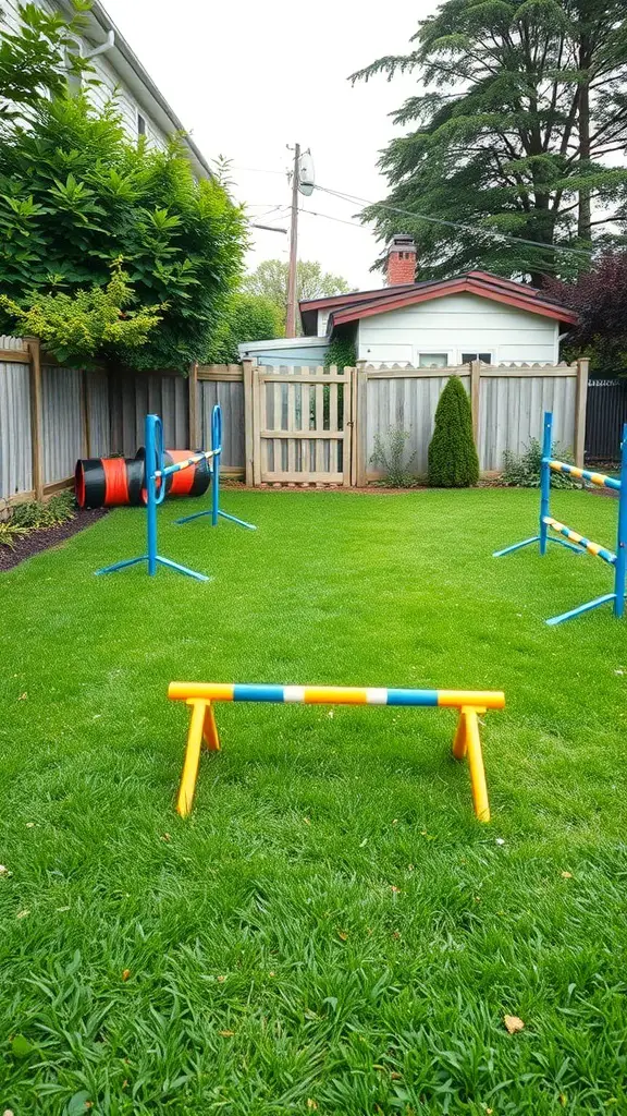 A backyard with agility equipment for dogs, including jumps and a tunnel.
