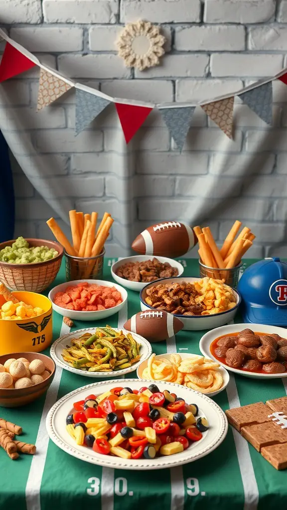 A vibrant football-themed potluck spread with various dishes including salads, snacks, and desserts.