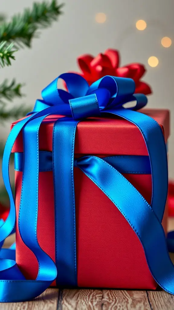 37+ Stunning Blue Christmas Decor Ideas for a Festive Winter Wonderland 17 A red gift box with a blue velvet ribbon and bow, surrounded by festive decorations.