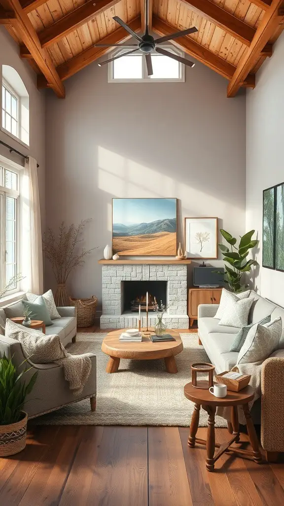29+ Modern Cottage Living Room Ideas You’ll Love 9 A modern cottage living room featuring nature-inspired colors, wooden ceiling, and cozy furniture.