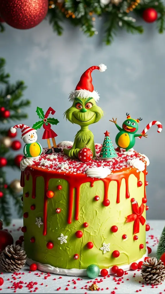 19+ Adorable Grinch Baby Shower Ideas You’ll Love 7 A colorful Grinch-themed cake decorated with festive toppers, including a Grinch figure, snowmen, and candy ornaments.