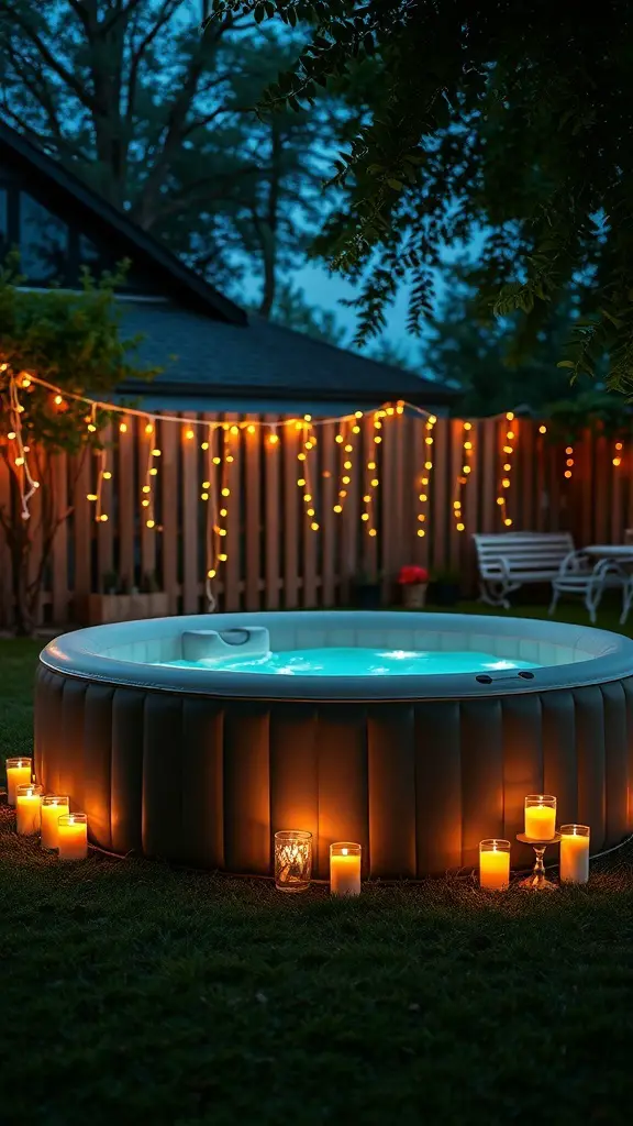 21+ Creative Backyard Inflatable Hot Tub Ideas 9 A cozy backyard scene featuring an inflatable hot tub surrounded by candles and fairy lights.