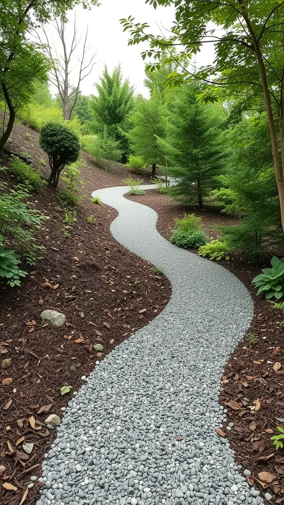 A winding gravel pathway surrounded by mulch and greenery in a small sloped garden.