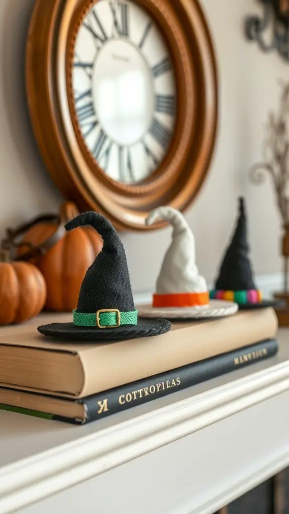 27+ Spook-tacular Halloween Mantel Decor Ideas with 15 Must-Have Items 6 A display of charming witch hats on a mantel with pumpkins and books.