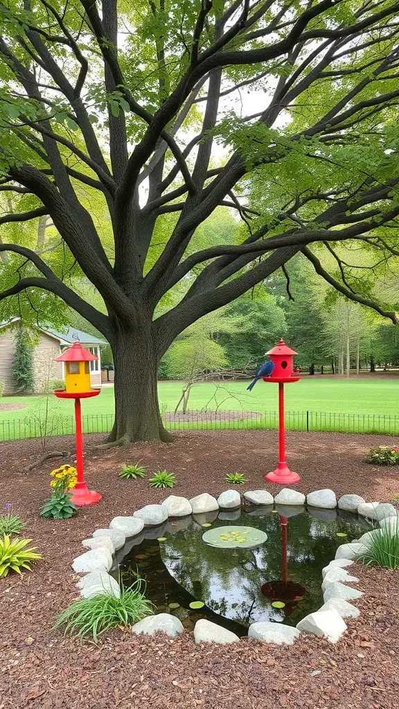 A large tree with bird feeders and a small pond surrounded by plants and rocks.