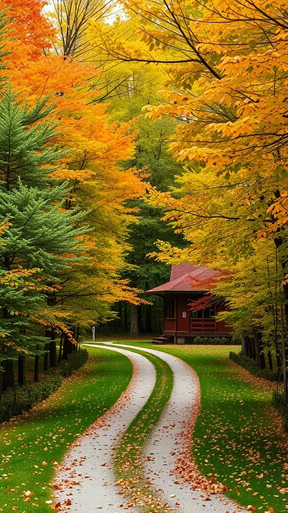 21+ Cozy Fall Mood Board Ideas for the Ultimate Autumn Vibe 16 A winding gravel path through a colorful fall forest leading to a cozy cabin.