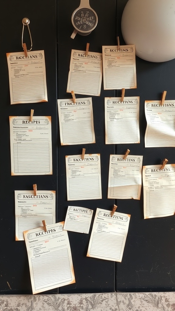 29+ Essential Items for a Cozy Dark Cottagecore Kitchen 16 A display of vintage recipe cards hanging on a dark wall, showcasing various recipes.
