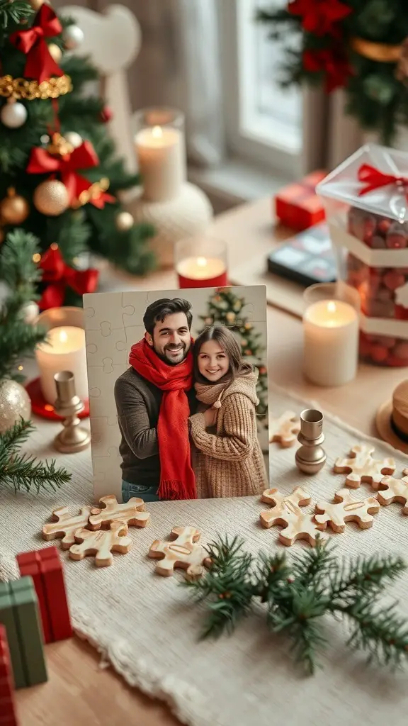 A custom puzzle with a photo of a couple, surrounded by festive decorations.