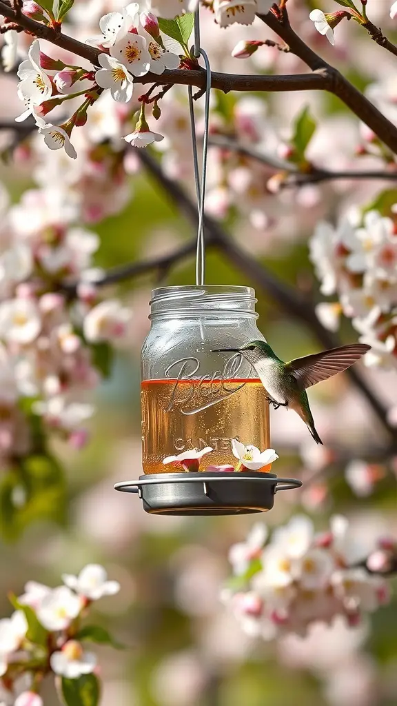 A mason jar hummingbird feeder hanging from a branch with flowers in the background.
