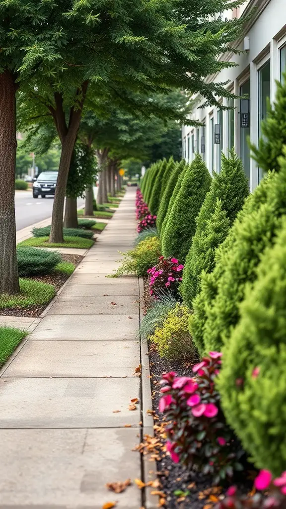 25+ Stunning Sidewalk Landscaping Ideas to Elevate Your Curb Appeal 16 A sidewalk lined with evergreen shrubs and colorful flowers, showcasing seasonal landscaping.