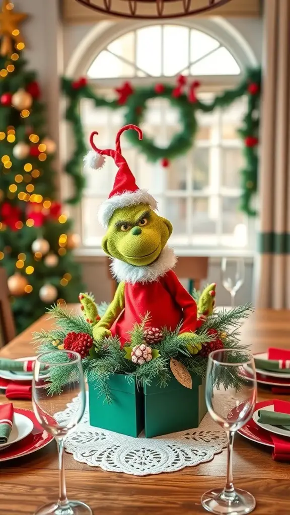 29+ Creative Dollar Tree Grinch Ideas to Spread Holiday Cheer 14 Creative Grinch-themed centerpiece with a Grinch figure surrounded by greenery and ornaments on a dining table.