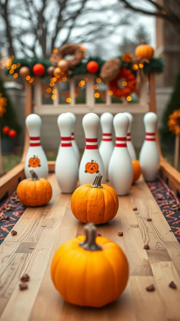 19+ Exciting Halloween Carnival Games for Spooktacular Fun 9 A pumpkin bowling setup featuring small pumpkins and bowling pins with pumpkin faces.