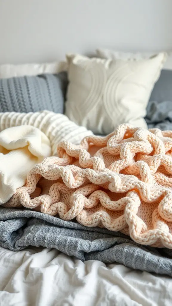 A cozy bed layered with different fabrics including a peach knitted blanket, gray and cream throws, and decorative pillows.
