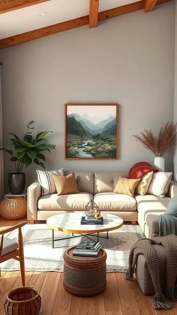 27+ Cozy English Countryside Living Room Ideas to Inspire Your Décor 11 A cozy living room with outdoor-inspired decor, featuring a large landscape painting, plants, and natural materials.