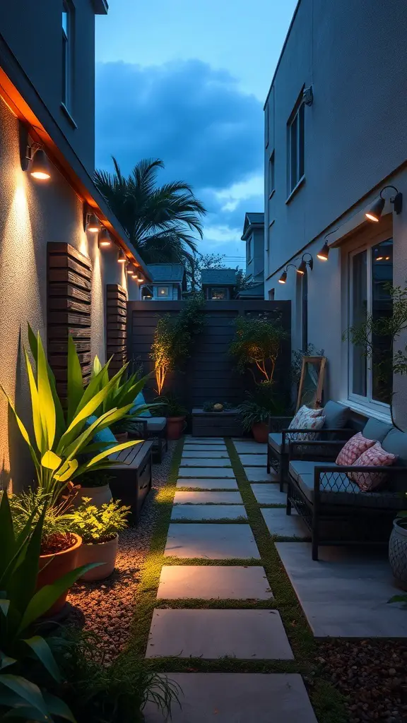 27+ Creative Long Narrow Backyard Ideas for Your Outdoor Space 10 A narrow backyard with pathway lighting and plants, creating a cozy evening atmosphere.