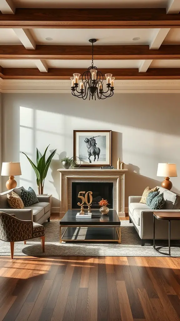 25+ Stunning Ralph Lauren Living Room Ideas for a Classic Makeover 19 A cozy Ralph Lauren living room featuring warm wooden beams, plush sofas, and decorative elements.