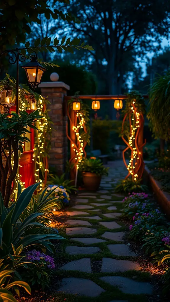 35+ Charming Small English Garden Ideas to Transform Your Outdoor Space 11 A beautifully lit garden pathway with lanterns and fairy lights, creating a warm evening atmosphere.