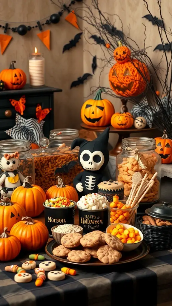 27+ Enchanting Vintage Halloween Decorations to Elevate Your Spooky Season 14 A festive Halloween table with pumpkins, snacks, and decorations.