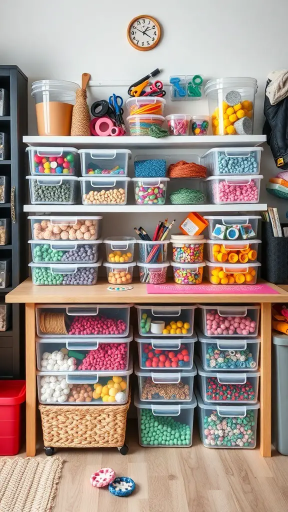 25+ Craft Tables with Storage for Organized Creativity 19 A craft table with clear storage bins filled with colorful crafting supplies.