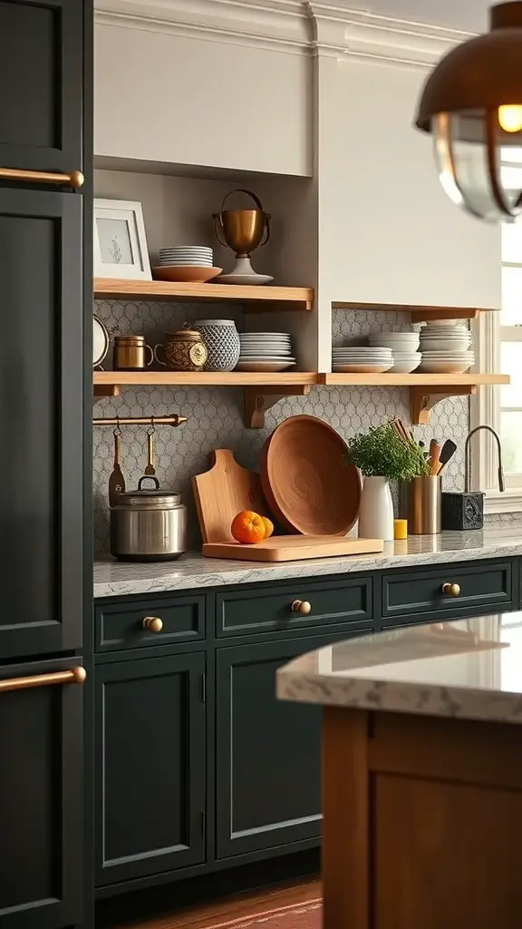 A stylish kitchen featuring dark cabinetry, open shelving with dishware, wooden cutting boards, and brass hardware.