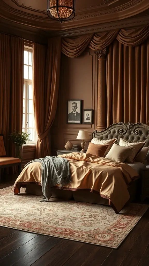 Luxurious brown bedroom with elegant fabrics and warm tones