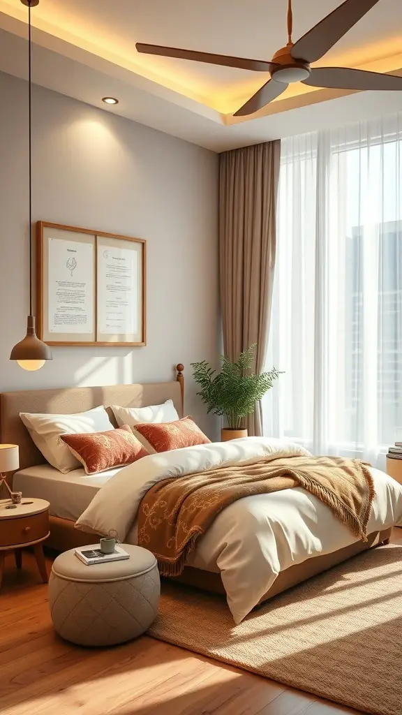 31+ Inspiring Brown and Cream Bedroom Decor Ideas 2 A cozy bedroom featuring warm earthy tones with brown and cream bedding, wooden furniture, and a plant.