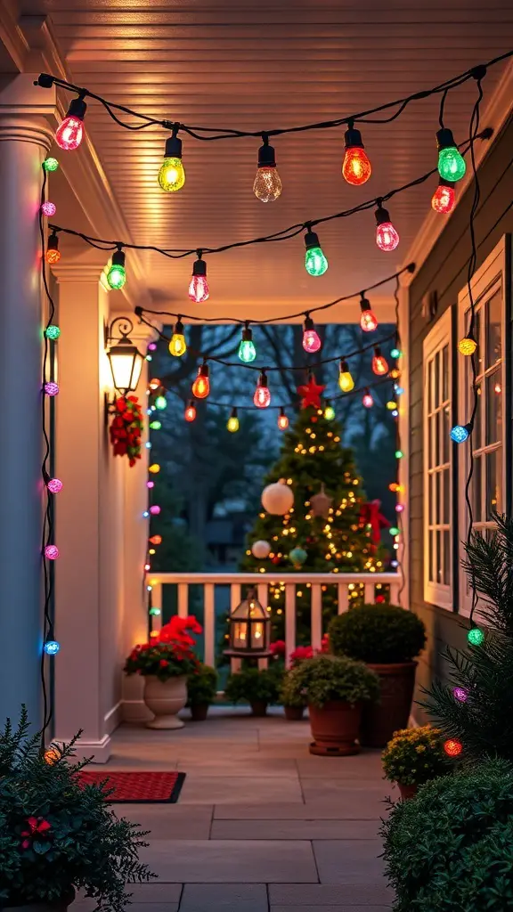 25+ Creative Front Porch Lighting Ideas to Brighten Your Home 17 Colorful outdoor bulbs hanging on a porch, creating a playful and inviting atmosphere.
